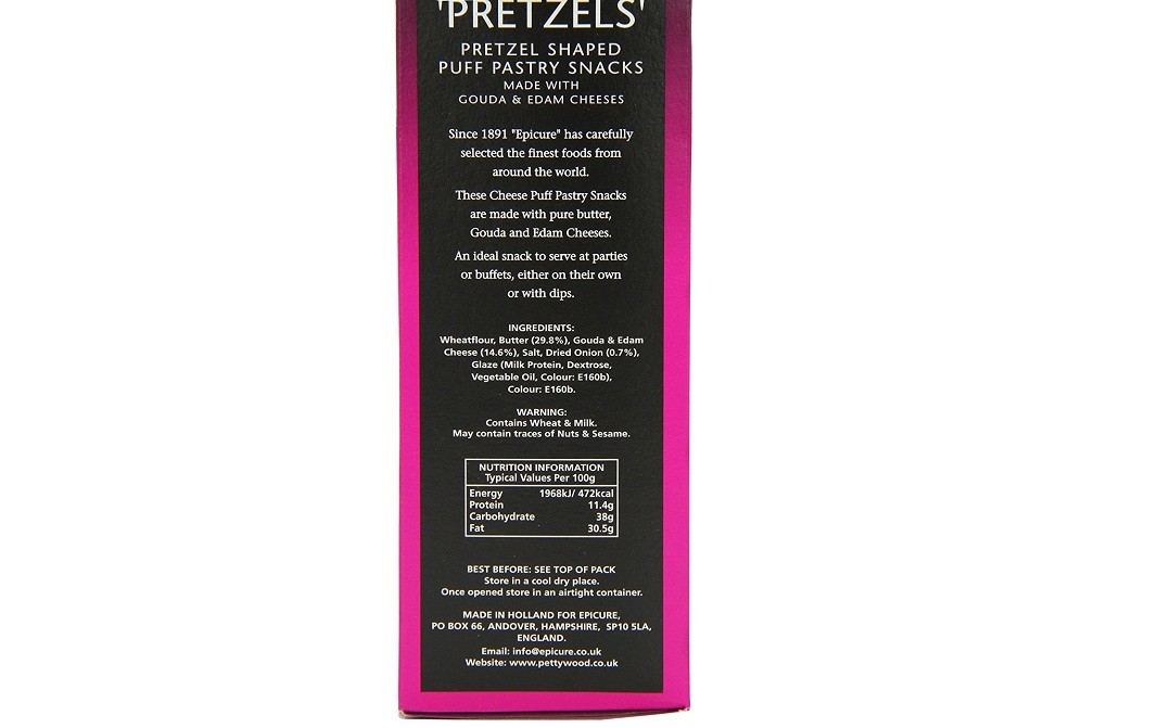 Epicure Cheese & Onion 'Pretzels', Pretzel Shaped Puff Pastry Snacks   Box  65 grams